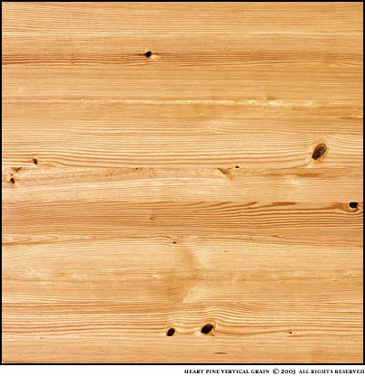 New Heart Pine Vertical Grain has a heartwood content of 80 - 100%. Knots are small and infrequent. A pin-stripe grain pattern. A pinstripe pattern creates a distinctive linear, somewhat formal look. This grade is 100% vertical grain. The photo is a sample about four square feet