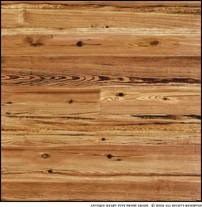 Antique Heart Pine Prime Grade is a dense grain, 98-100% heartwood. A mixture of plainsawn and vertical grains with greater than 60% vertical grain. Occasional knots ranging up to one inch. Nail holes are small and very infrequent. This grade has been selected for a more consistent color. The photo is a sample about four square feet.