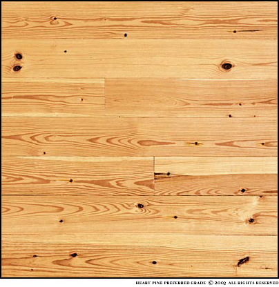 New Heart Pine Preferred Grade has a heartwood content of 80 - 100%. Knots are small and infrequent. A mixture of vertical and plain sawn grains. The photo is a sample about four square feet.