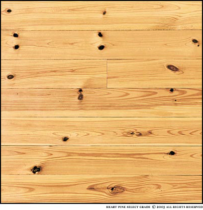 New Heart Pine Select Grade has a heartwood content of 50 - 100%. Knots range from small to large and are more frequent. A mixture of plain sawn and vertical grains. The photo is a sample  about four square feet.